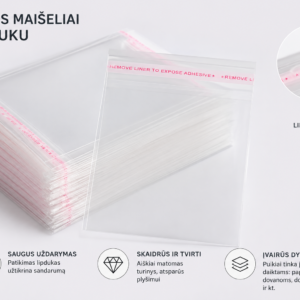 Skaidrūs maišeliai pakavimui su lipnia juostele