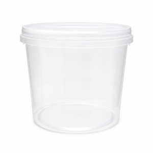 Skaidrus plastikinis kibirėlis su dangteliu 150ml