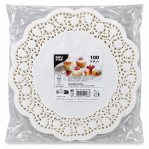 Balti apvalūs karpyti popieriniai padėkliukai Ø28 cm – 100 vnt