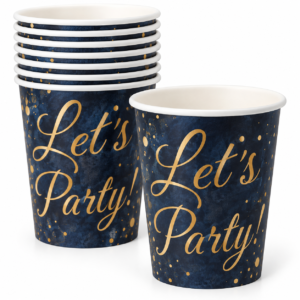 Popieriniai puodeliai „Let’s Party“ – juodi su aukso spalvos dekoru, 8 vnt