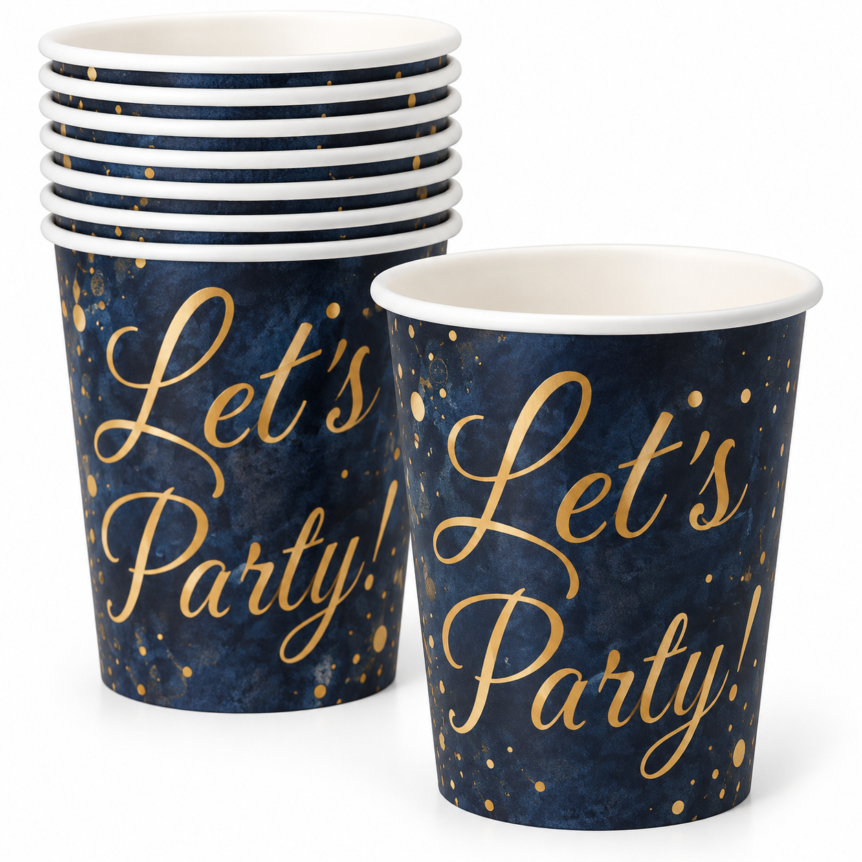 Popieriniai puodeliai „Let’s Party“ – juodi su aukso spalvos dekoru, 8 vnt