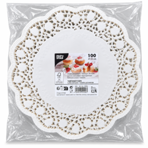 Balti apvalūs karpyti popieriniai padėkliukai Ø32 cm – 100 vnt