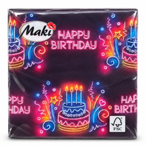 Gimtadienio servetėlės „Happy Birthday“ su tortu, juodos