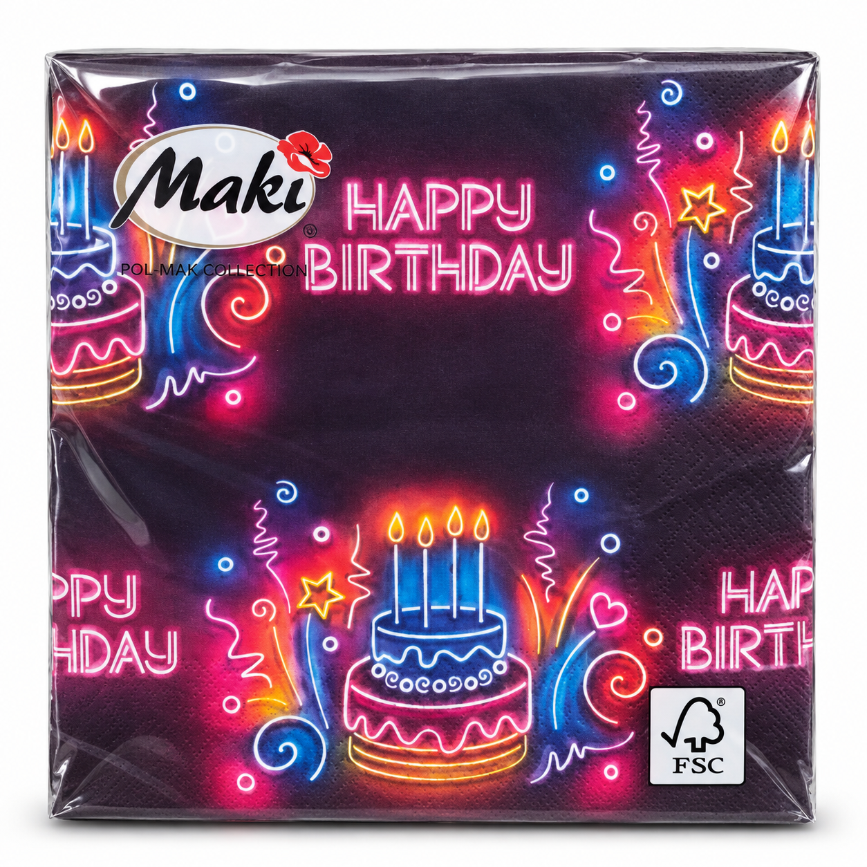 Gimtadienio servetėlės „Happy Birthday“ su tortu, juodos