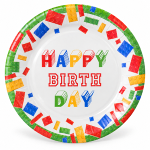 Popierinės lėkštutės „Happy Birthday“ su kaladėlėmis