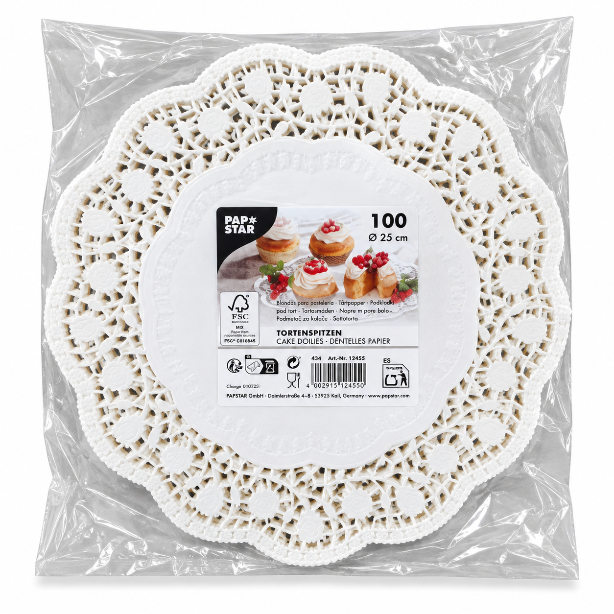 Balti apvalūs karpyti popieriniai padėkliukai Ø25 cm – 100 vnt